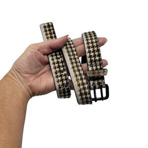 Nanette Lepore Houndstooth Gingham Genuine Leather Fur Belt Sz  S Brown Twee